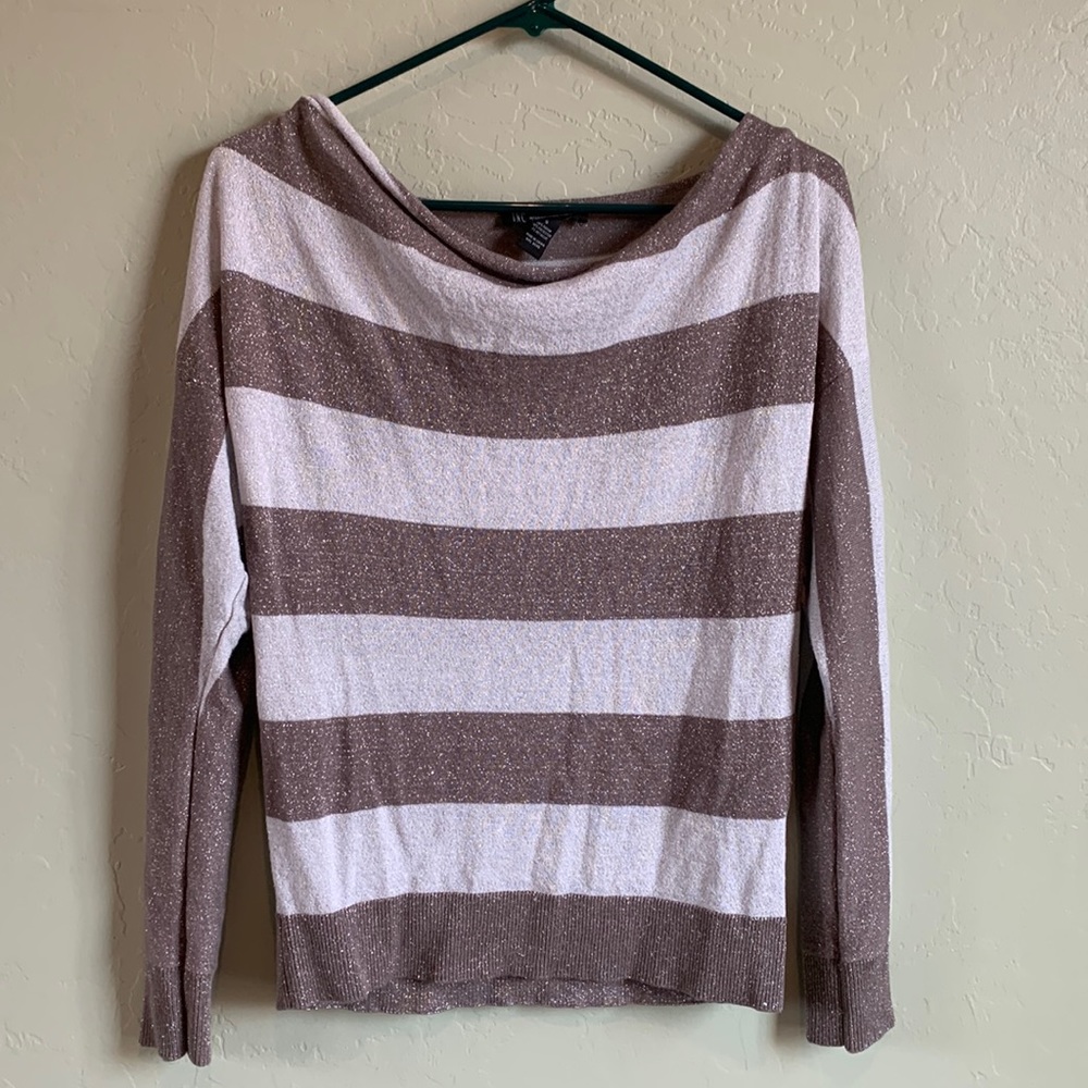 INC light weight silver and white stripe sparkle cowl neck sweater sz S